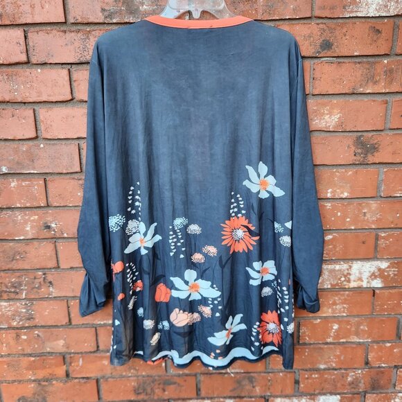 Gray & Orange Floral Button-Front Tunic By Lily 2XL Long Sleeves Lightweight - Picture 2 of 9